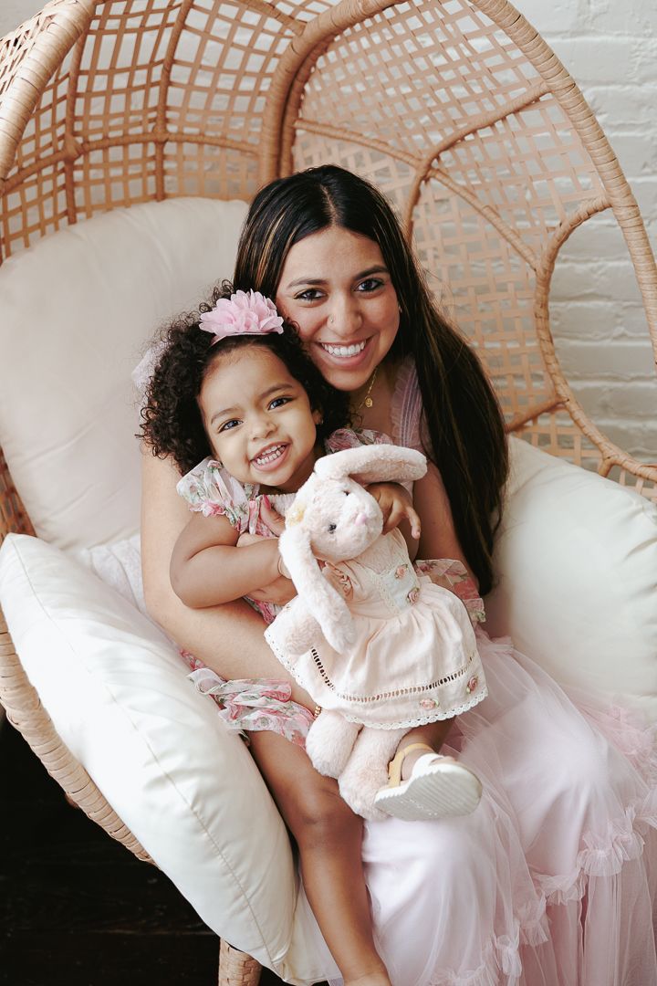 A heartwarming moment captured in five sequential photos showing cuddles with a stuffed bunny toy in a rattan chair.