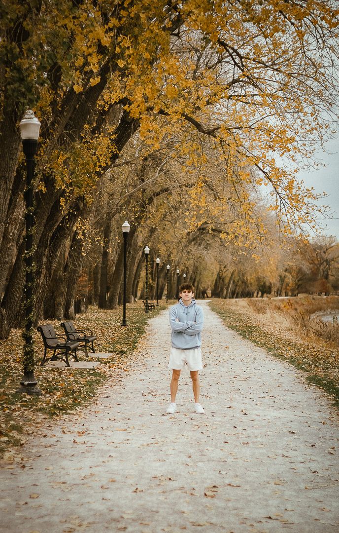 A walking path through autumn trees lined with lamp posts and benches in a peaceful park setting during fall season.