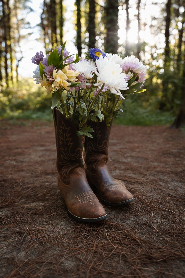 Brown leather cowboy boots filled with wildflowers sitting on forest ground at sunset.