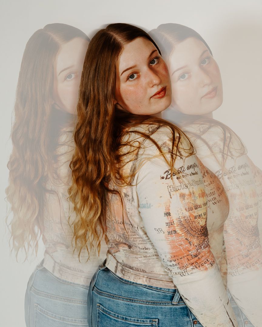 Multiple exposure fashion portrait with overlapping poses against white background.