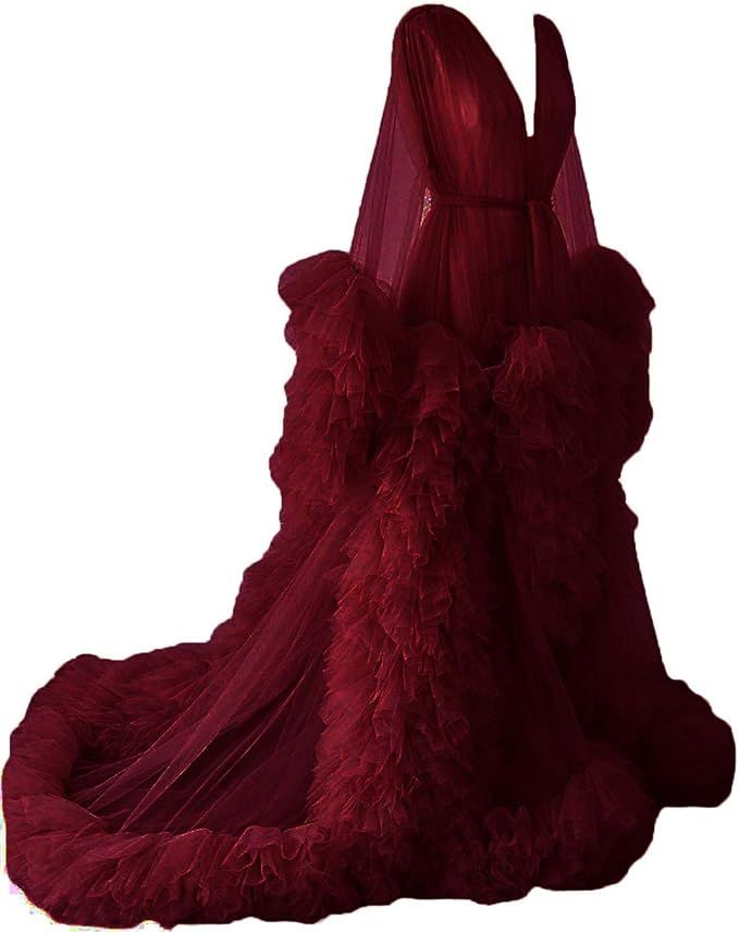 Elegant burgundy tulle robe gown with ruffled trim, long train, and sheer overlay, perfect for maternity or bridal wear.