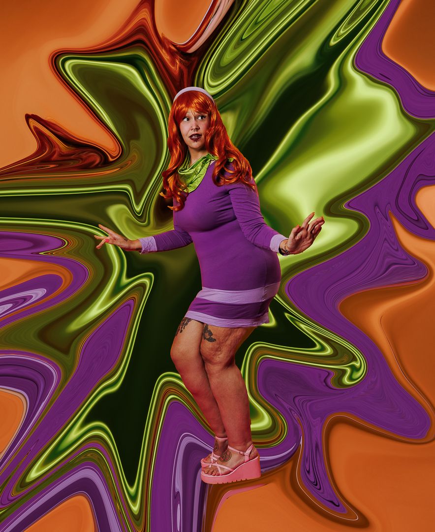 Retro-inspired portrait against swirling psychedelic background in green, orange and purple tones.