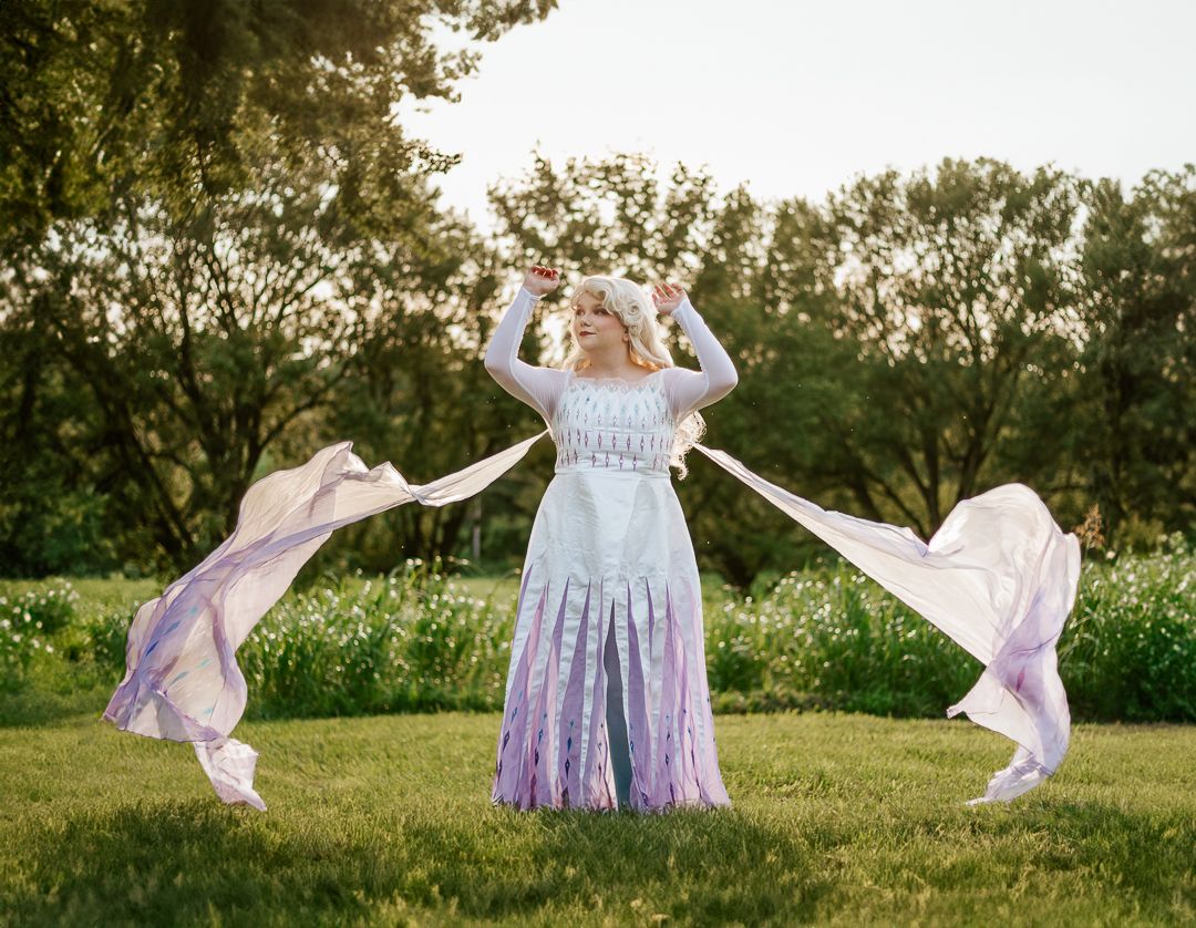Whimsical outdoor photo sequence showing flowing dresses and movement in a garden setting.