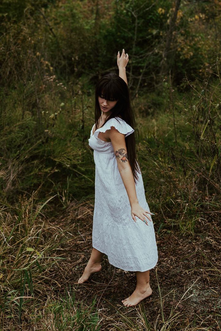 A series of artistic photos showing someone in a white dress walking through tall grass in a natural outdoor setting.