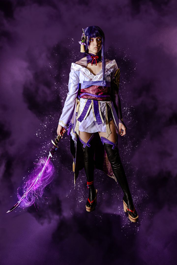 Dramatic anime cosplay poses on purple background with magical lightning effects and dark atmospheric lighting.
