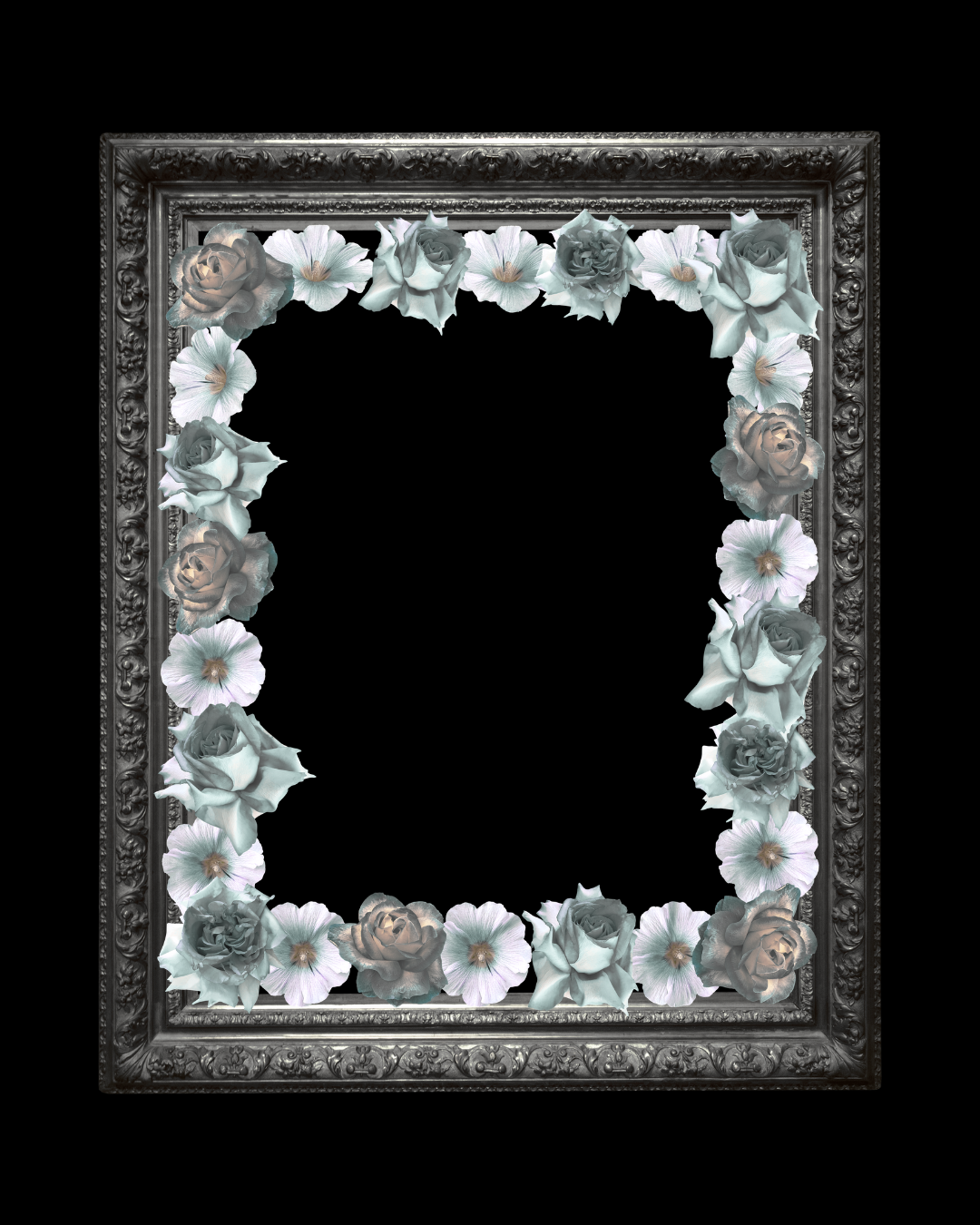 Ornate vintage silver frames decorated with delicate white and gray floral designs against a black background.