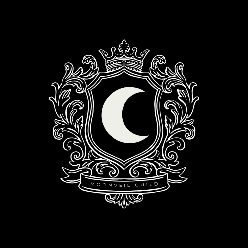 Decorative white crescent moon logo with ornate crown and flourish design elements on black background.