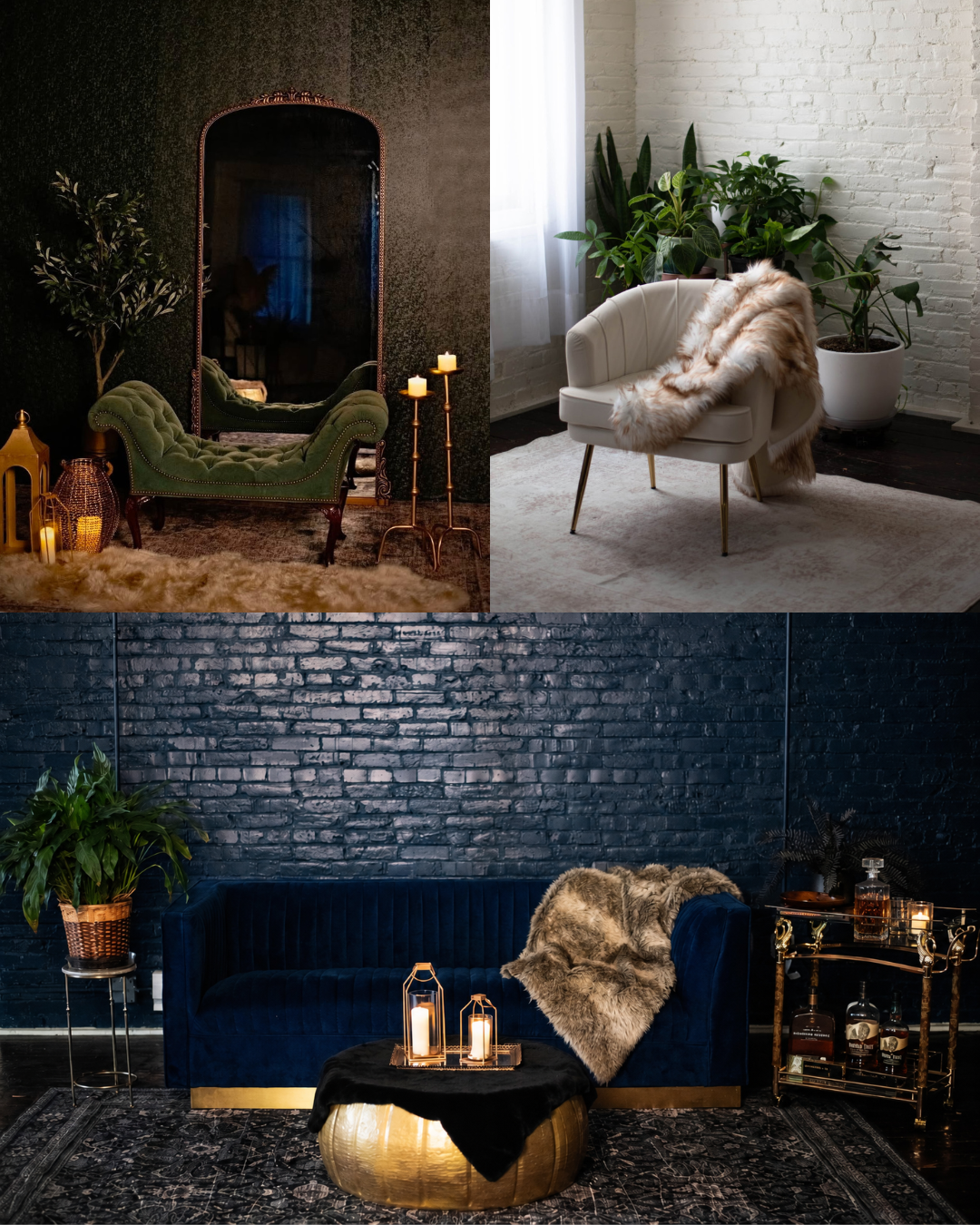Luxurious interior design collage featuring velvet sofas, fur throws, candlelight, and dark moody decor in navy and emerald tones.
