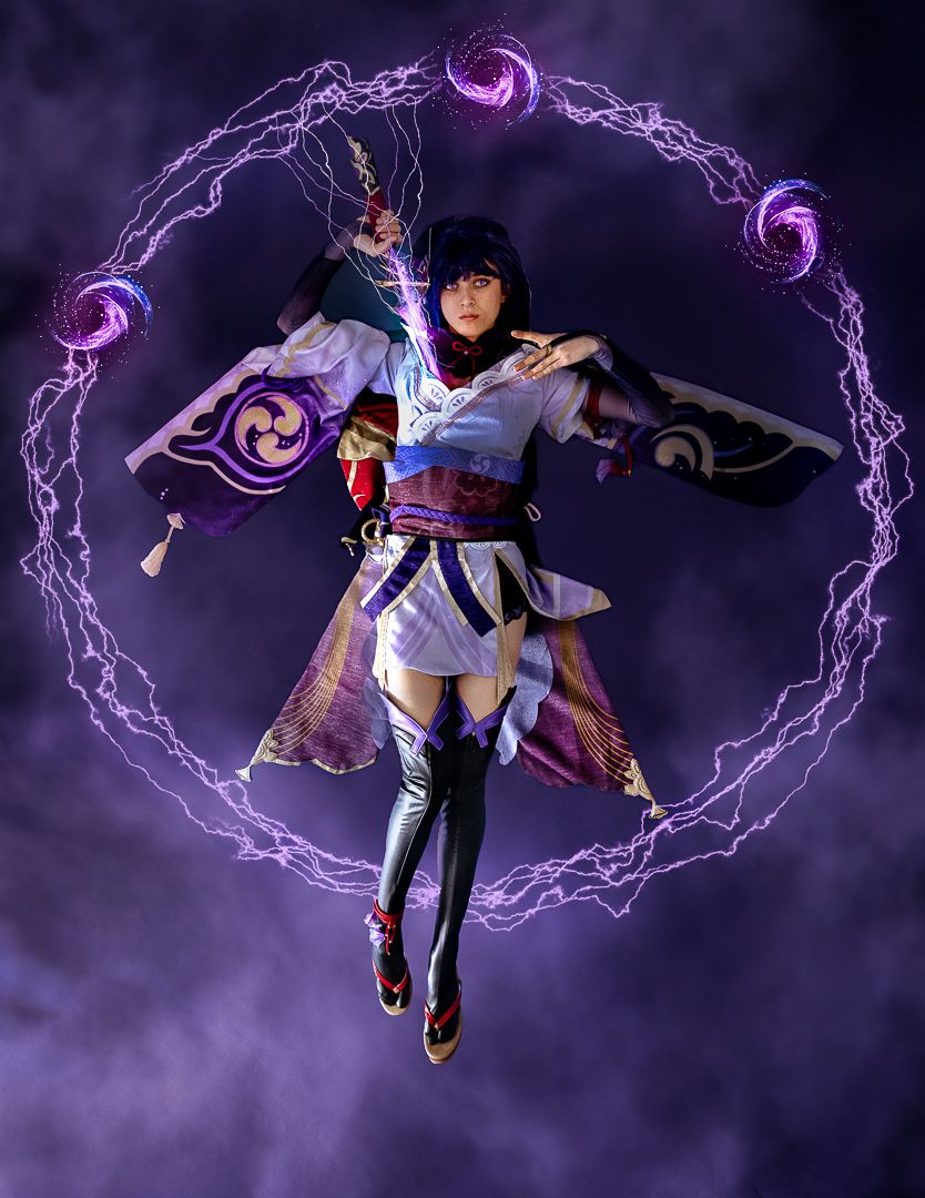 Fantasy character jumping with purple lightning effects in dramatic action poses.
