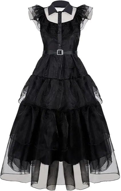 Black tiered organza midi dress with sheer flutter sleeves, white collar, button placket and belted waist, perfect for gothic costumes.