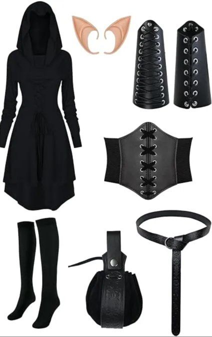 Black hooded lace-up dress costume set with elf ears, leather bracers, corset belt, knee-high socks, buckle belt and drawstring pouch.