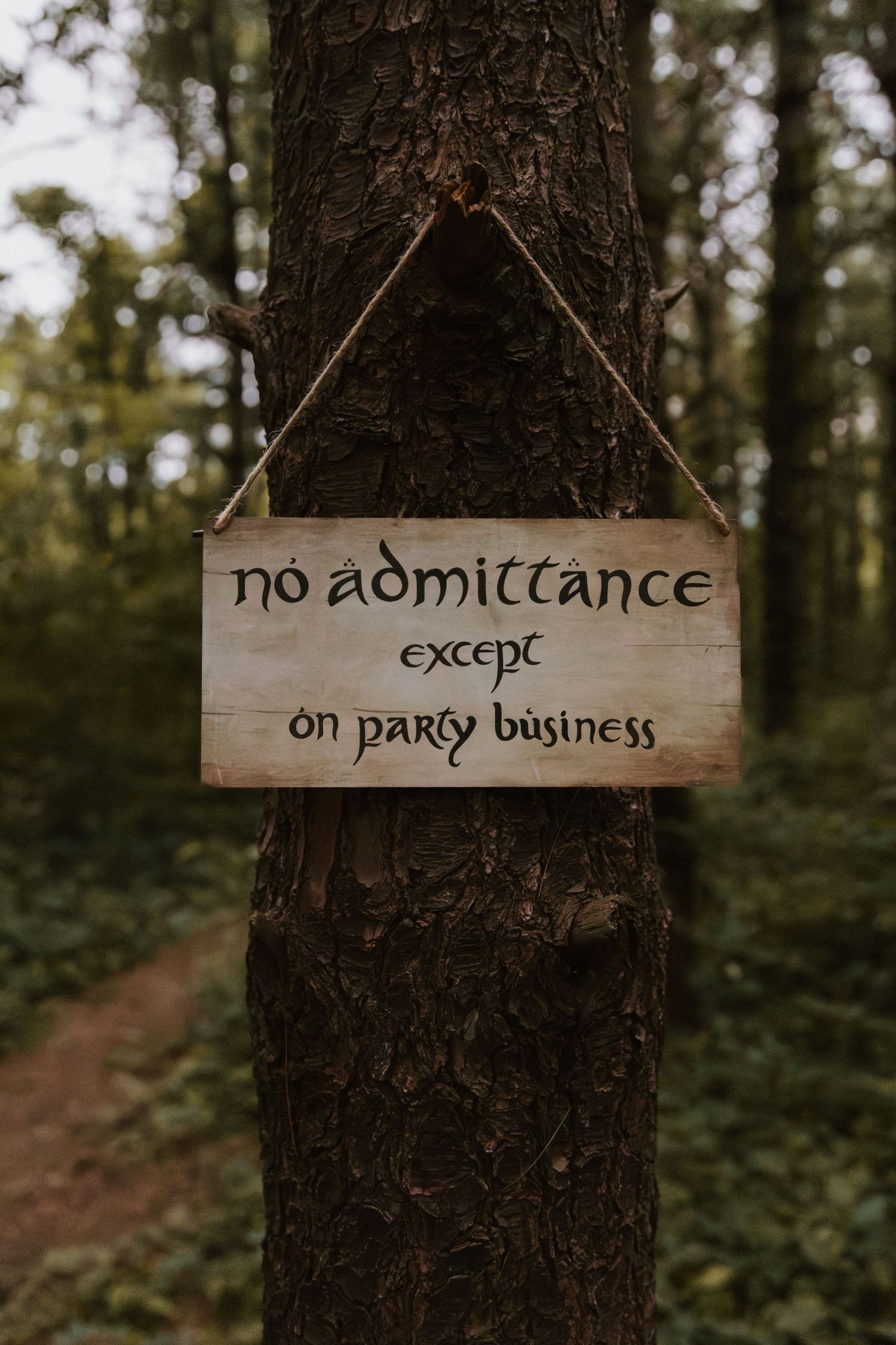 Wooden sign on forest tree reading 'no admittance except on party business' in Tolkien-style font.