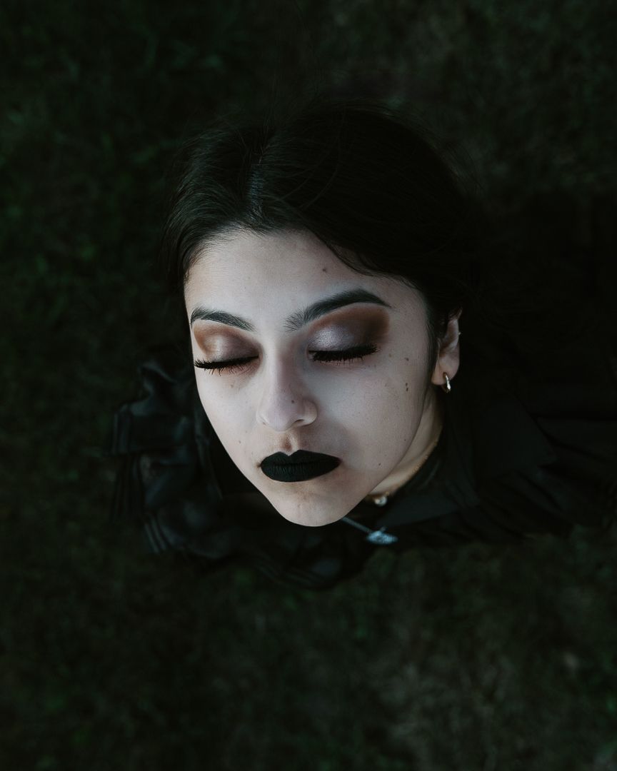 A dark and moody close-up portrait series showing eyes, lips and facial features against a black background.