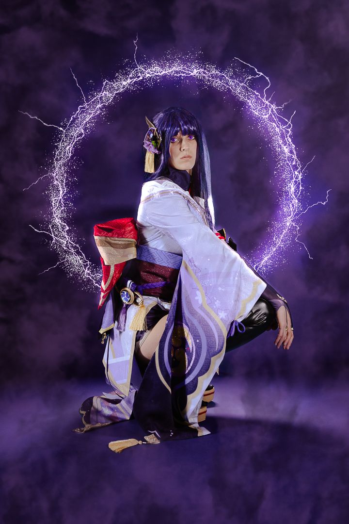 Cosplay figure in traditional Japanese clothing performs dynamic martial arts pose against purple lightning background.
