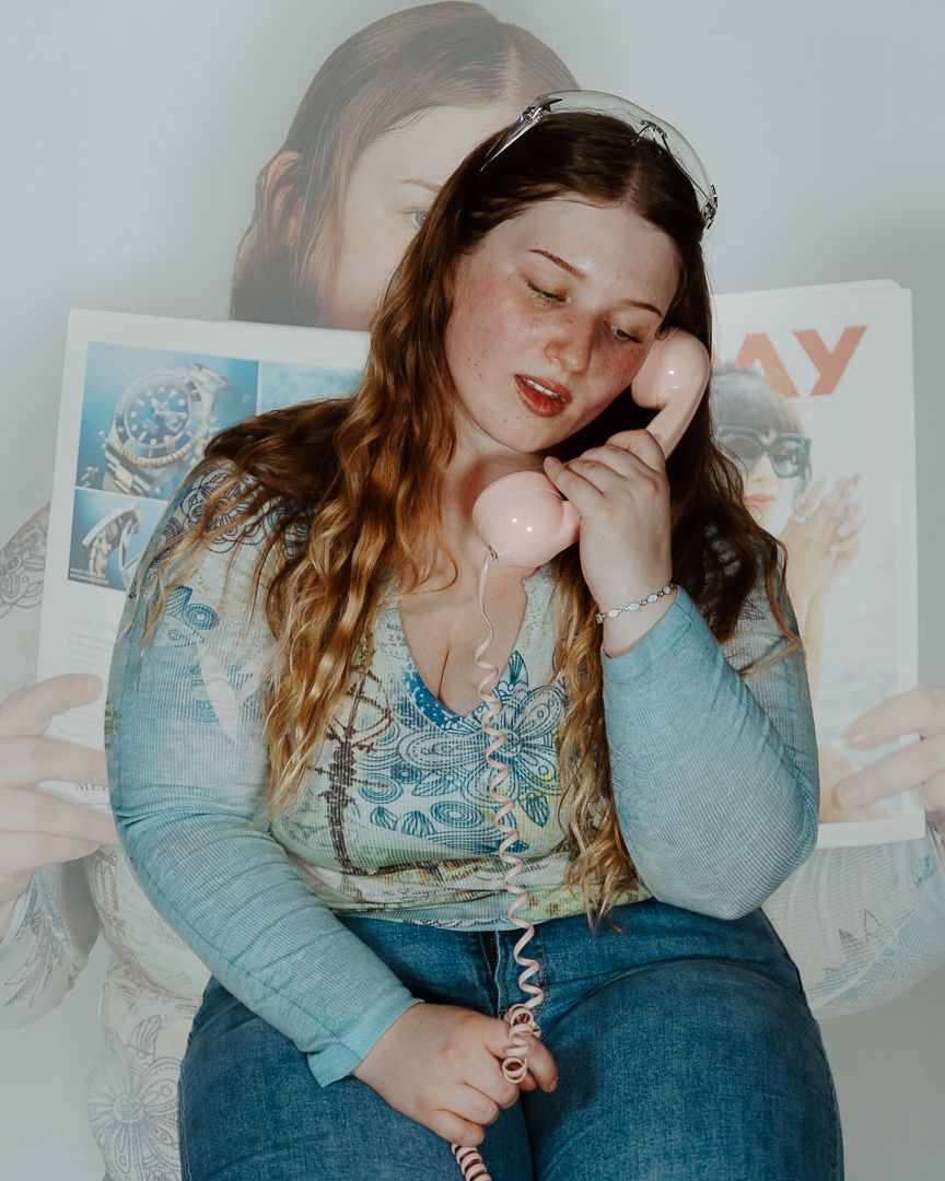 Casual lifestyle photoshoot showing relaxed poses against light background with vintage phone.