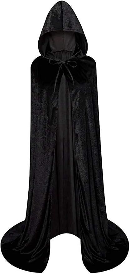 Full-length black velvet hooded cloak with tie closure, ideal for Halloween or costume events.