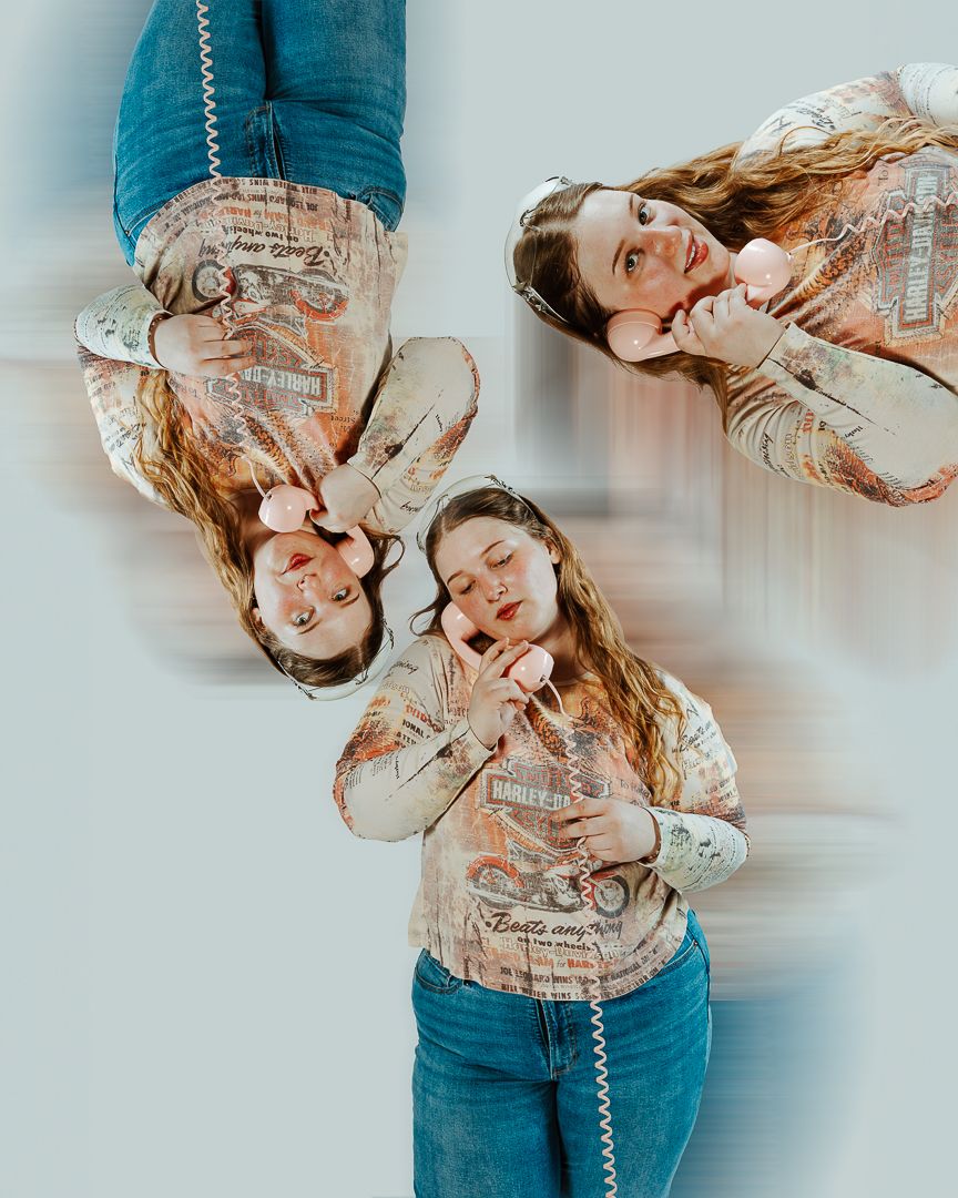 Artistic retro-style photo sequence showing person in blue jeans and patterned top posing with vintage phone cord.