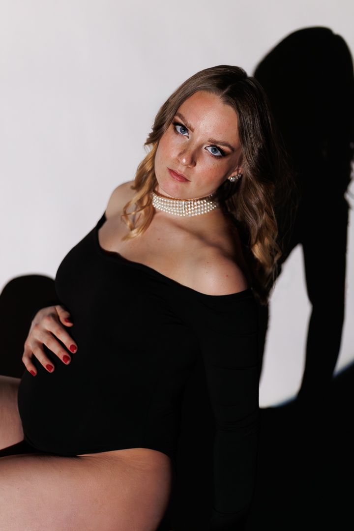 A dramatic fashion portrait series in black and white showing a figure wearing a pearl choker against dark shadows.