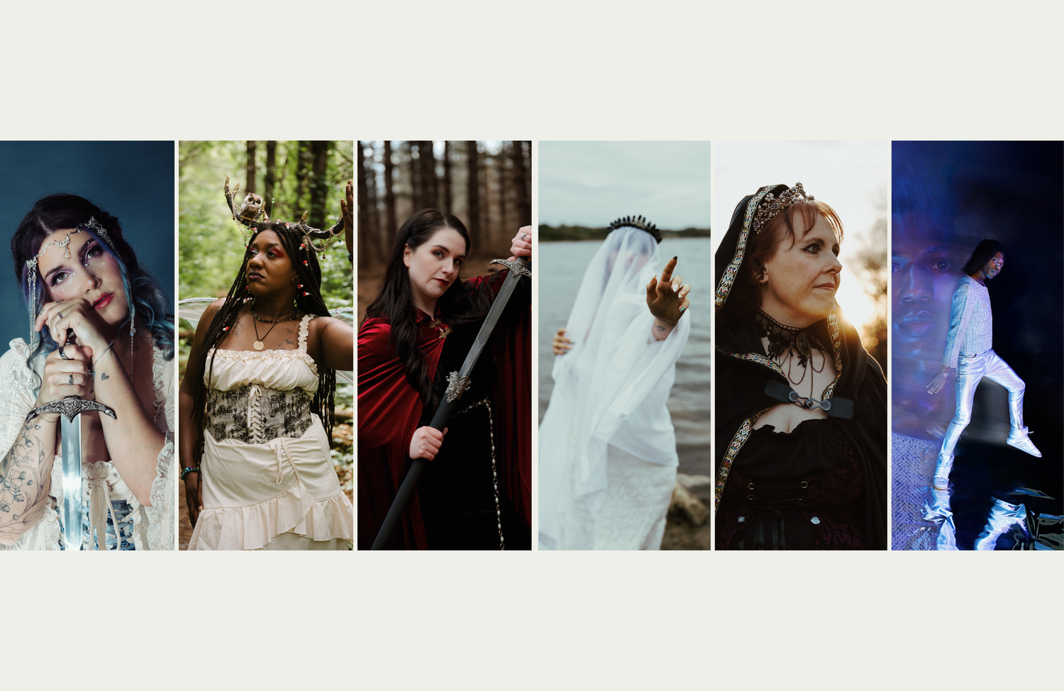 Six fantasy cosplay portraits featuring medieval and mystical costumes, including a ghost, warrior, and forest queen.