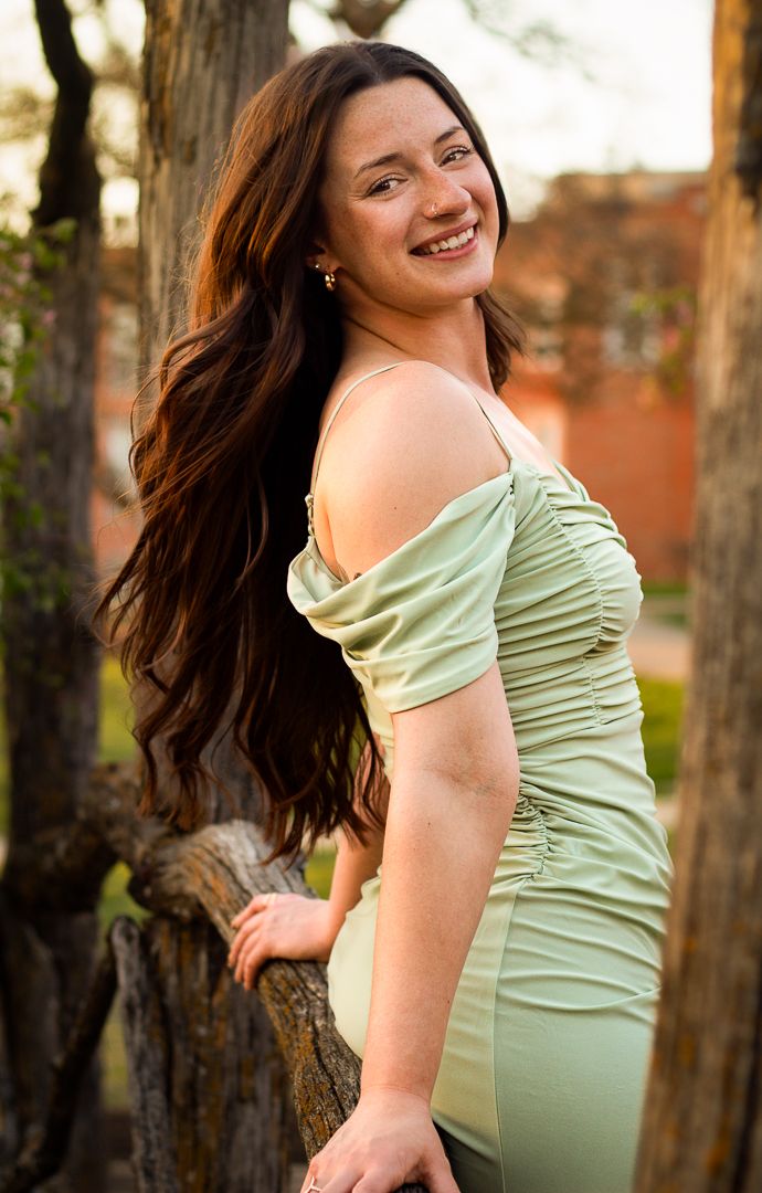 A series of outdoor portraits showing someone in a light green top posing naturally against a blurred nature backdrop.