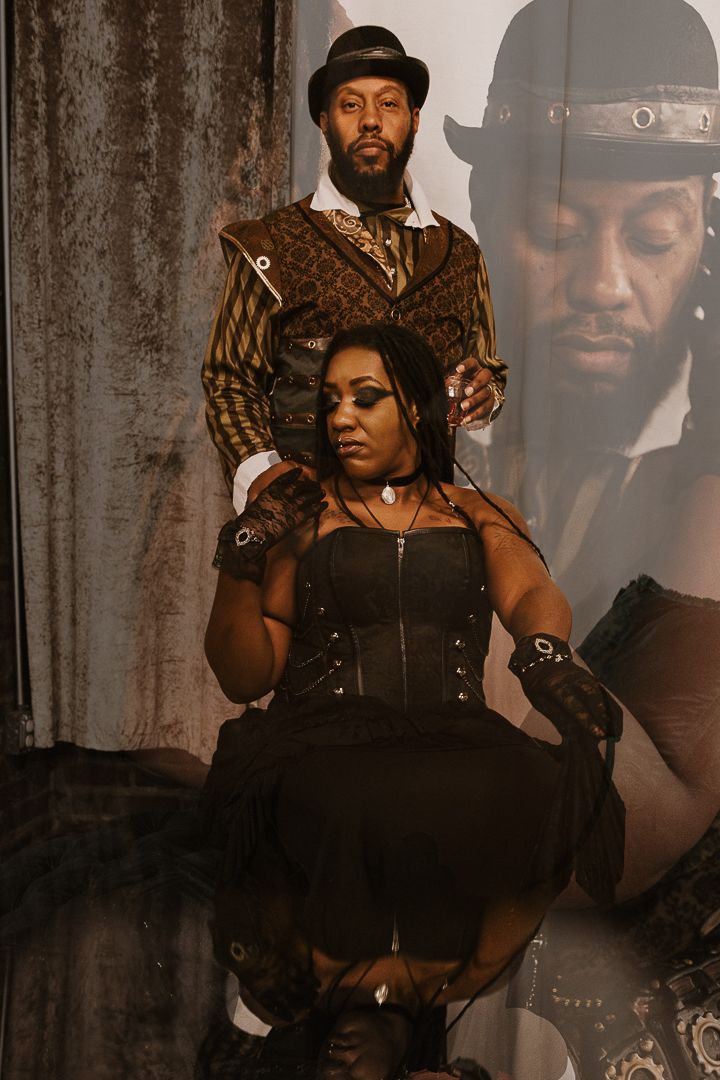Steampunk-styled portrait series featuring people in Victorian-inspired outfits with bowler hats against a dark backdrop.