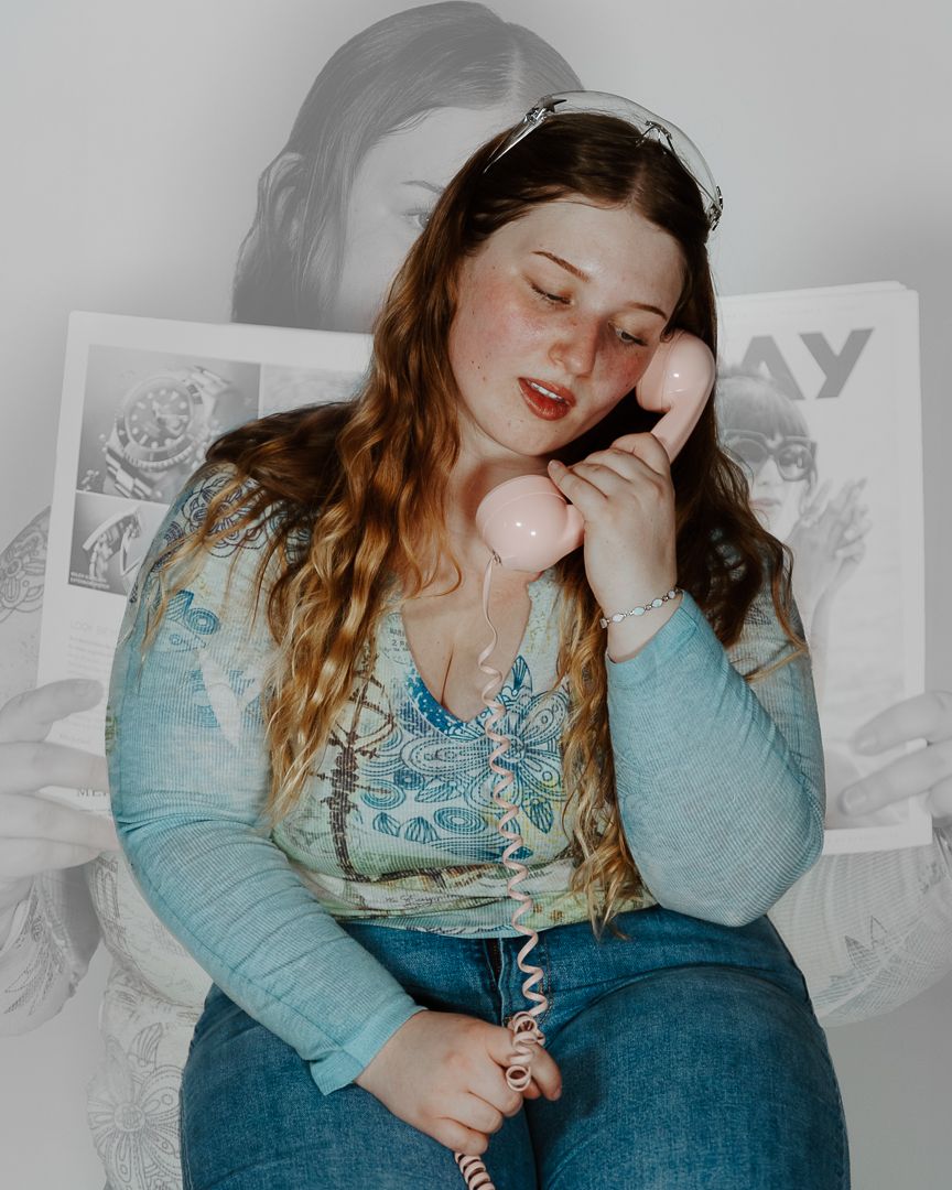 Whimsical portrait series in mint green top against grey wall with vintage aesthetic.