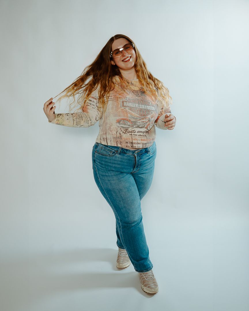 Fashion series showing casual denim and lace outfit against white background.