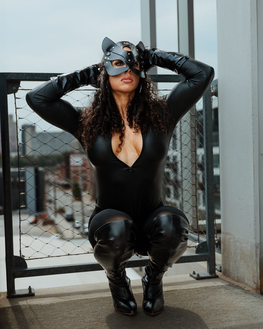 A figure in black leather and sunglasses strikes dynamic poses against a bright architectural backdrop.