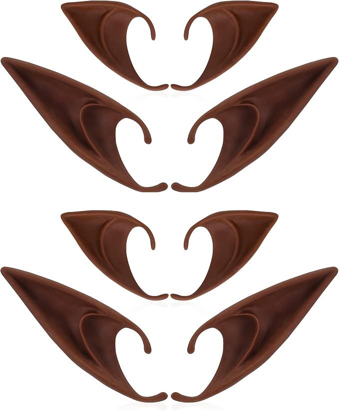 Four pairs of brown pointed elf ears, costume accessories for Halloween or cosplay, shown in two sizes.