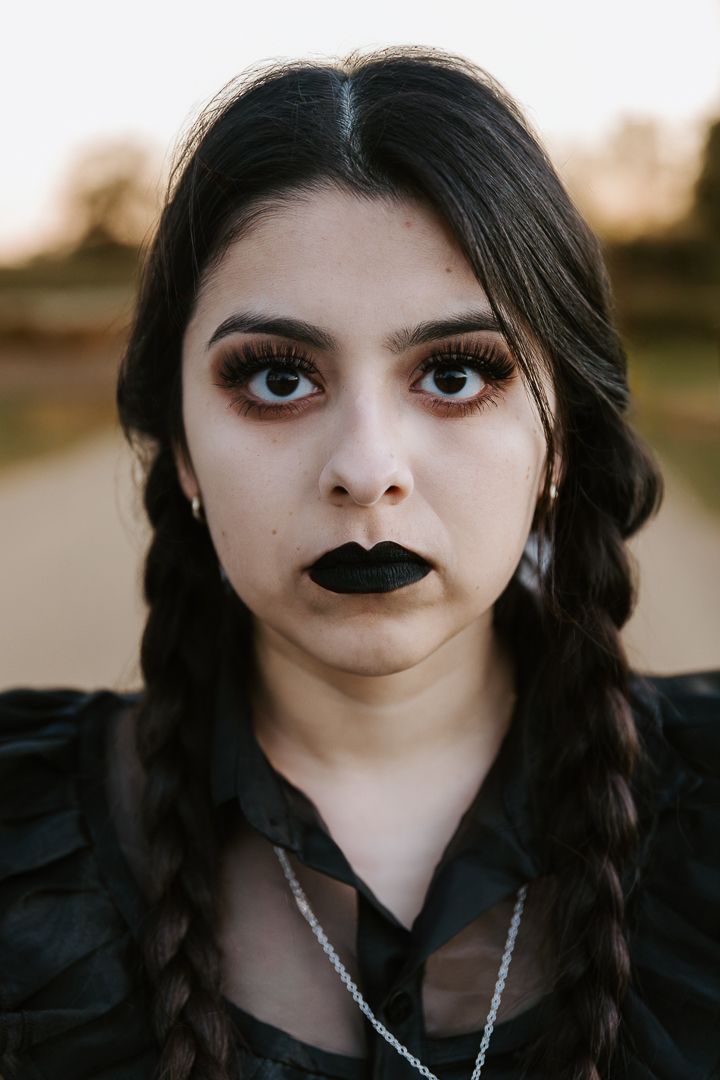 A series of close-up portraits showing dark lipstick and braided hair against a blurred outdoor background.