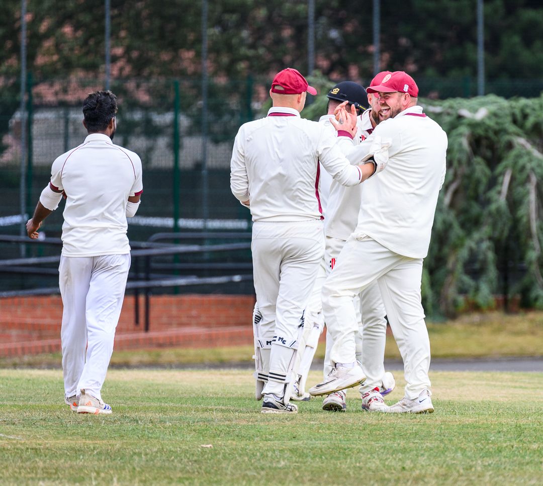 Cricket bowler celebrates after taking a wicket during a competitive grassroots cricket match.