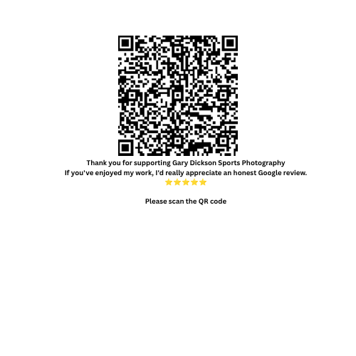 QR code linking to Google Reviews for Gary Dickson Sports Photography, helping support local grassroots sports photography.