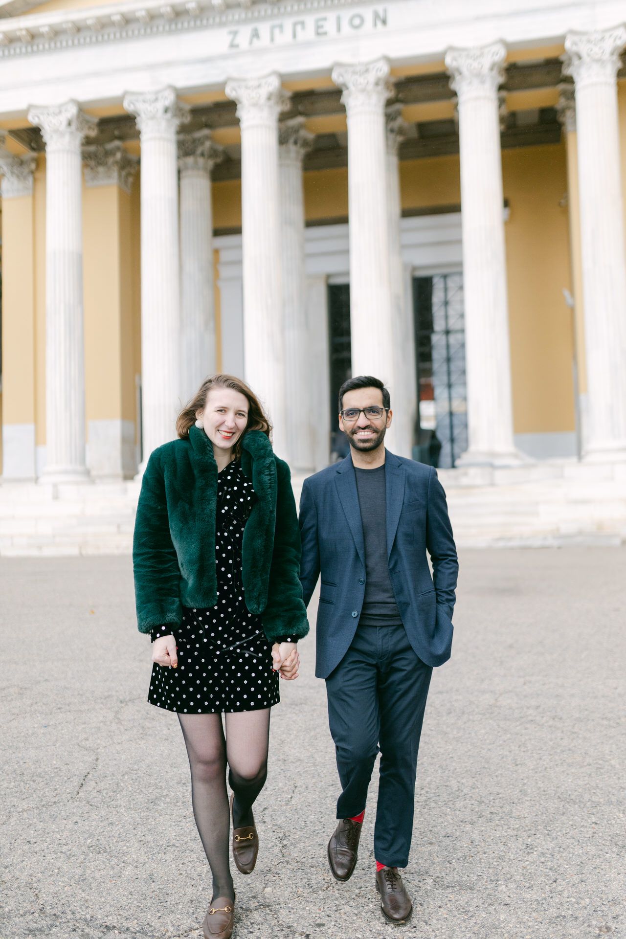 Athens couple portrait with iconic city backdrop and warm light