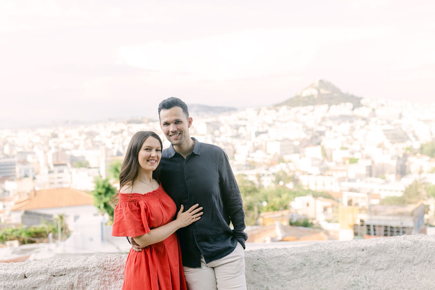 Couple photoshoot in Athens, romantic editorial portraits in Plaka and Anafiotika in soft natural light.