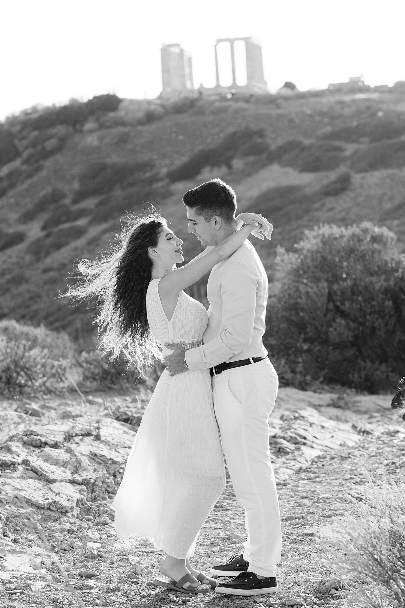 Engagement photos in Athens Riviera with editorial couple portraits in soft natural light.