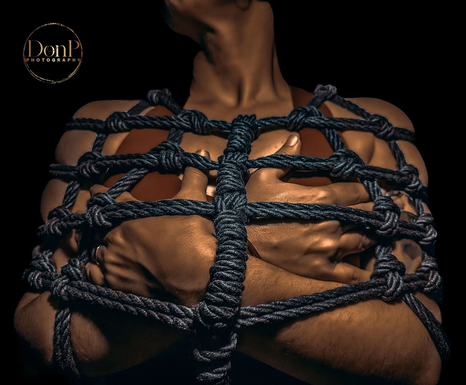 Detailed shibari chest harness emphasizing rope geometry, breath, and presence boudoir