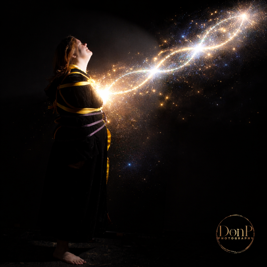 Magical fantasy portrait inspired by wizardry and storytelling, using light and motion to explore empowerment and imaginative self-expressio