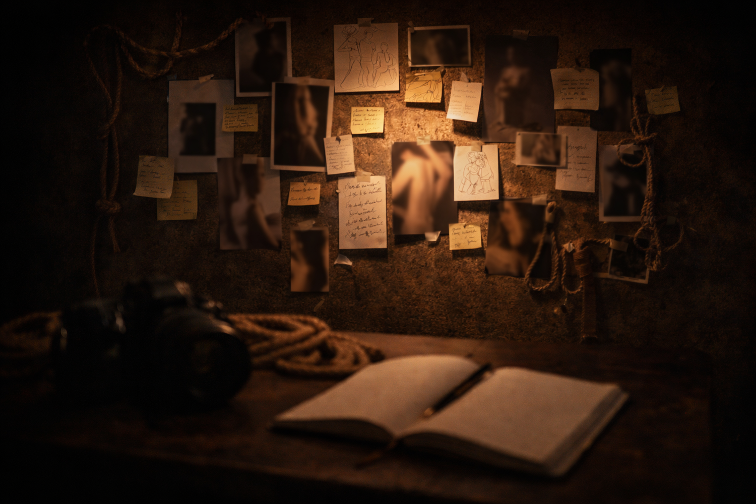 Dimly lit studio scene with rope, pinned photographs, and an open journal, representing the creative process behind intimate, story-driven p