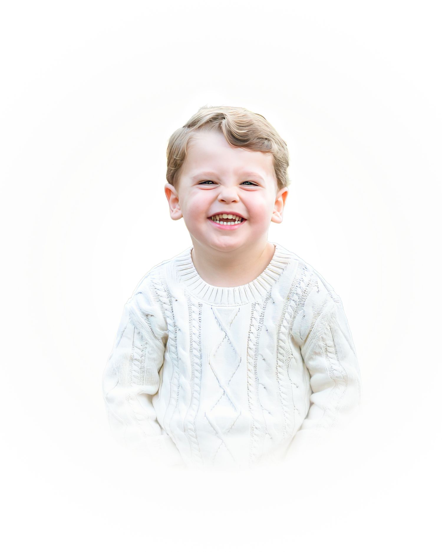 A smiling child wearing a white cable knit sweater shown in a series of four similar poses.