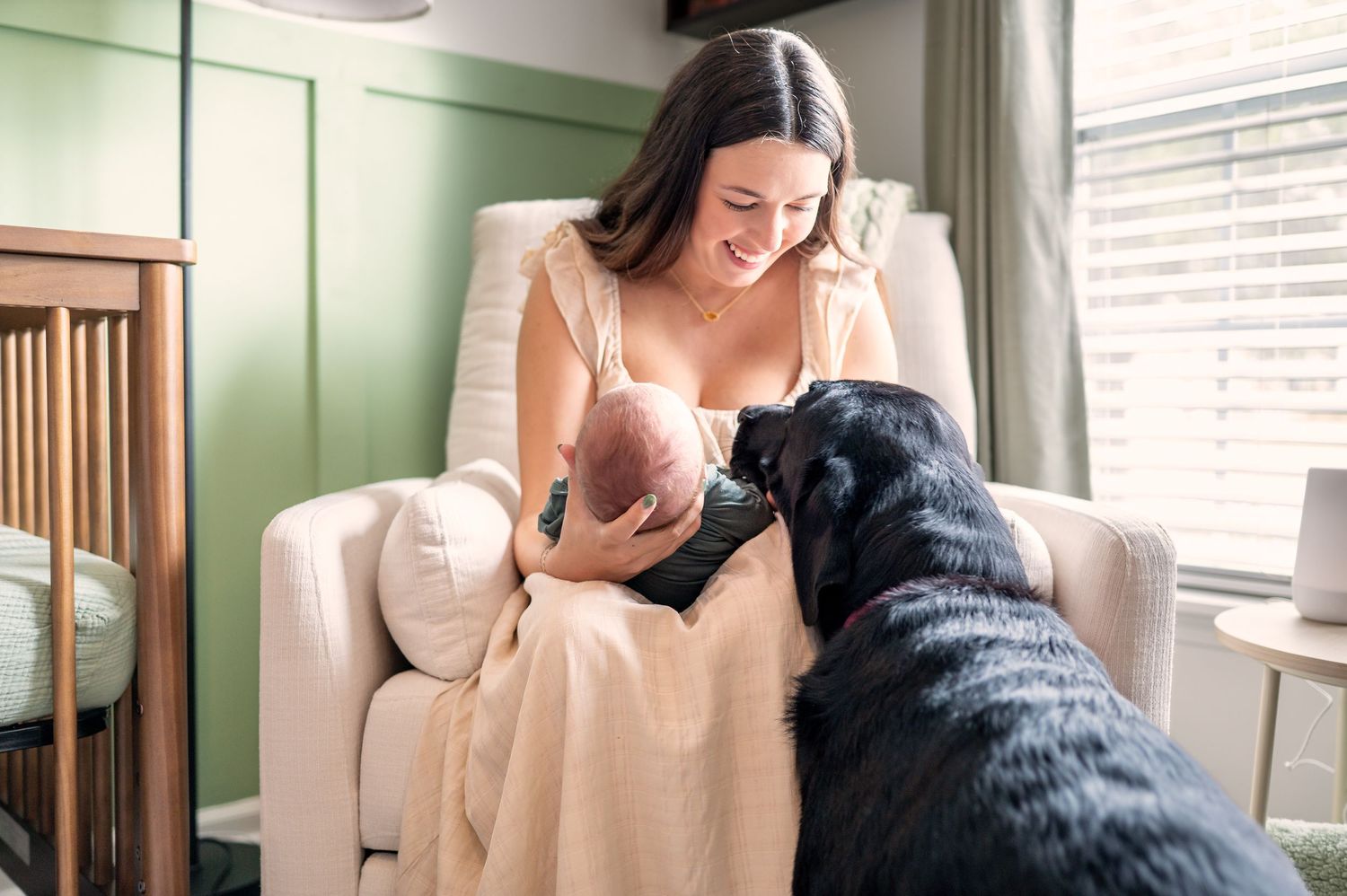 A person and a black dog share affectionate moments in a series of photos by a window.