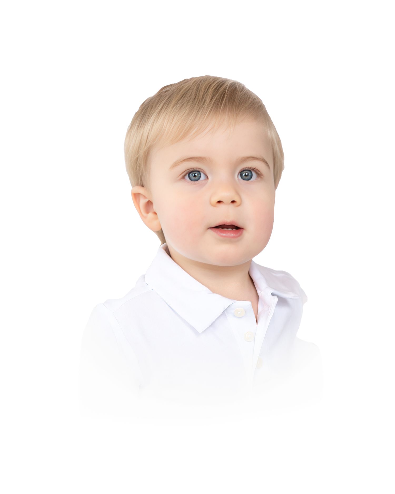Heirloom portrait of a happy toddler boy with blonde hair and blue eyes wearing a white shirt.