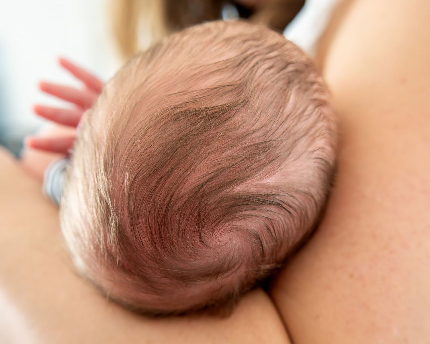 Close-up view of baby's head showing soft hair swirl pattern.