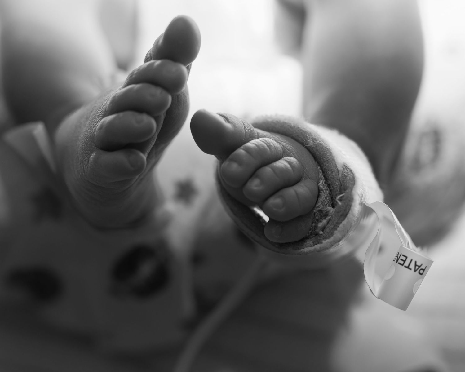 Black and white close up of newborn feet wrapped with a pulse ox