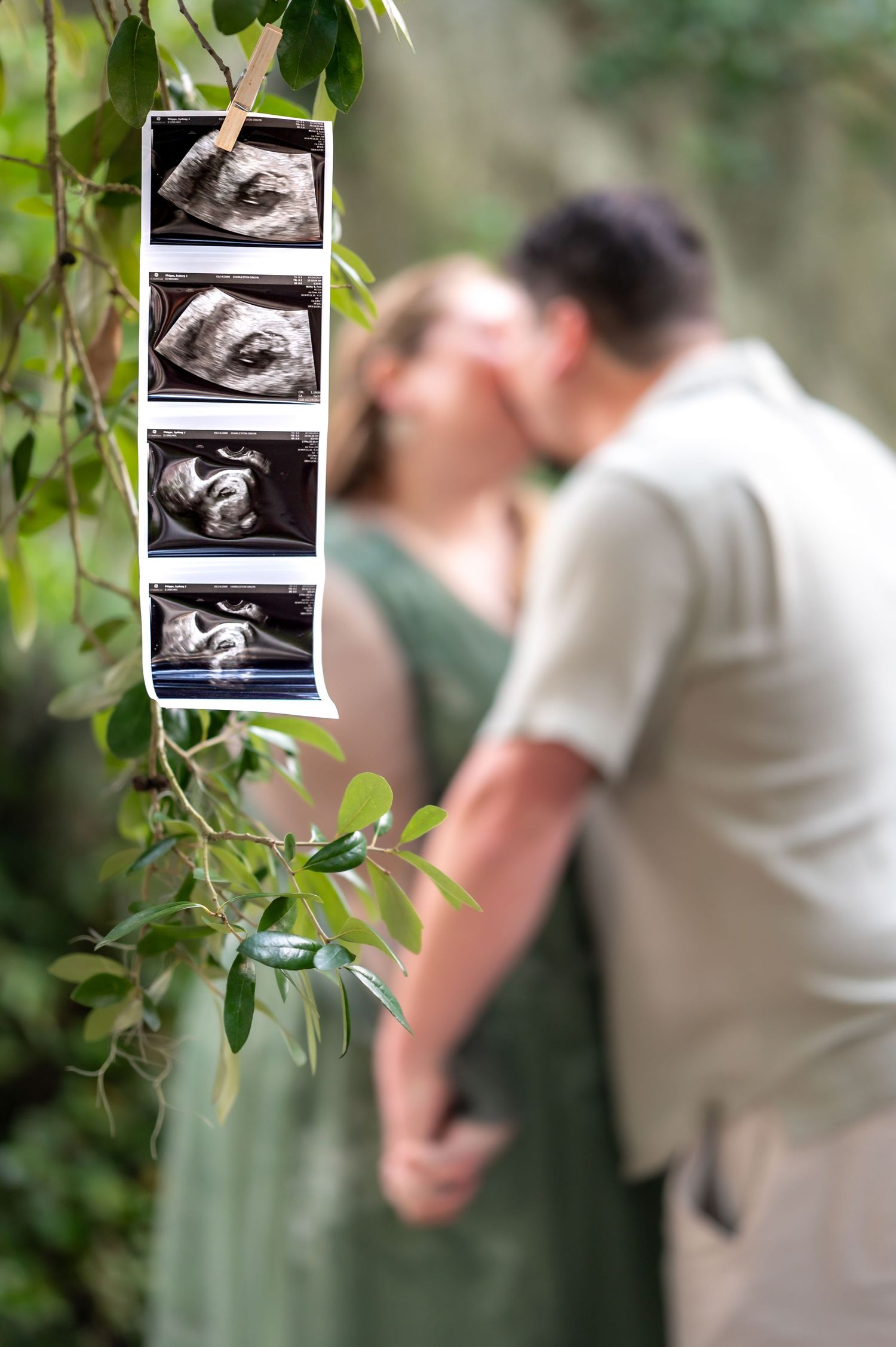 Couple kissing during maternity photoshoot with ultrasound sonogram strip hanging from green foliage in foreground.