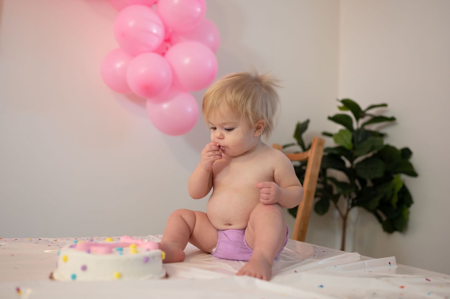 Cake smash session with a little girl sitting atop a table with a finger in her mouth after taste testing a bit of frosting