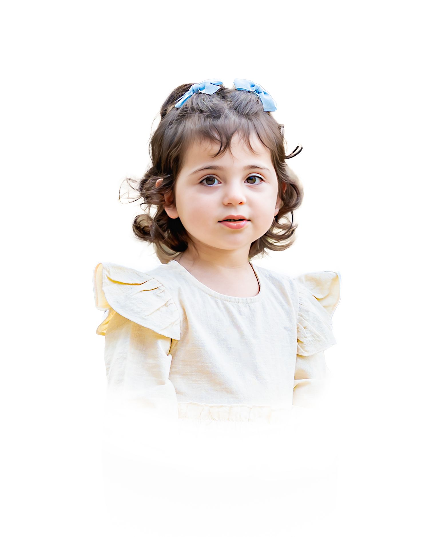 Small child in white dress with blue bow wearing flutter sleeves against white background.