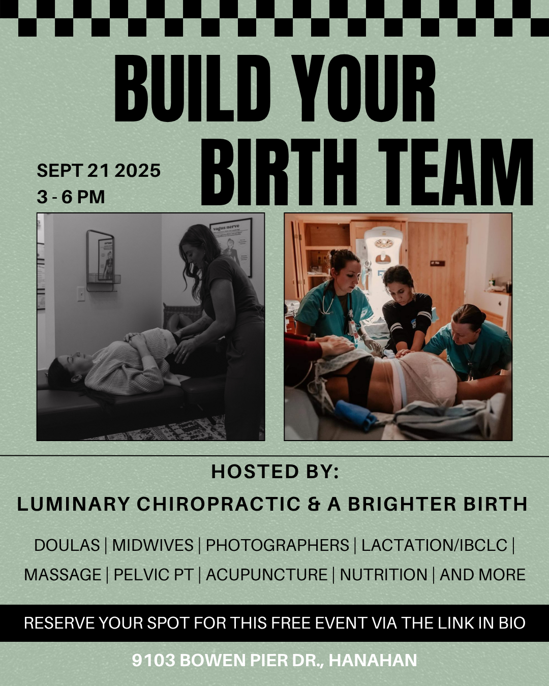 A promotional flyer for a birth team event featuring black and white photos of birthing support and medical professionals.