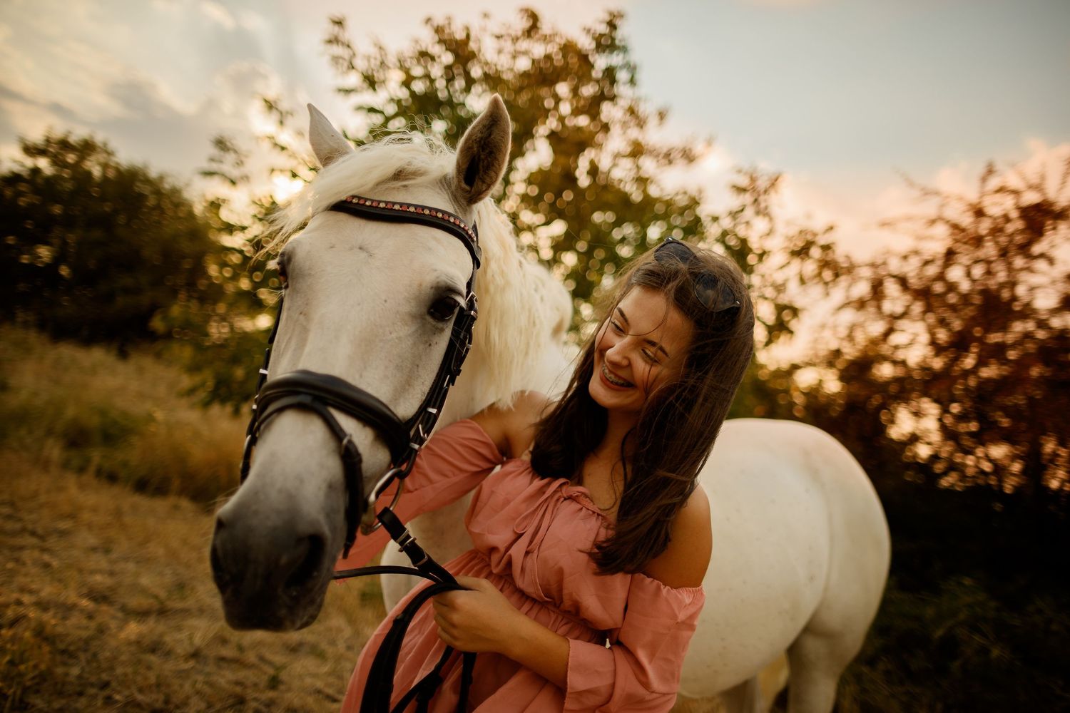 Horse and rider silhouetted against a golden sunset in a peaceful countryside setting.