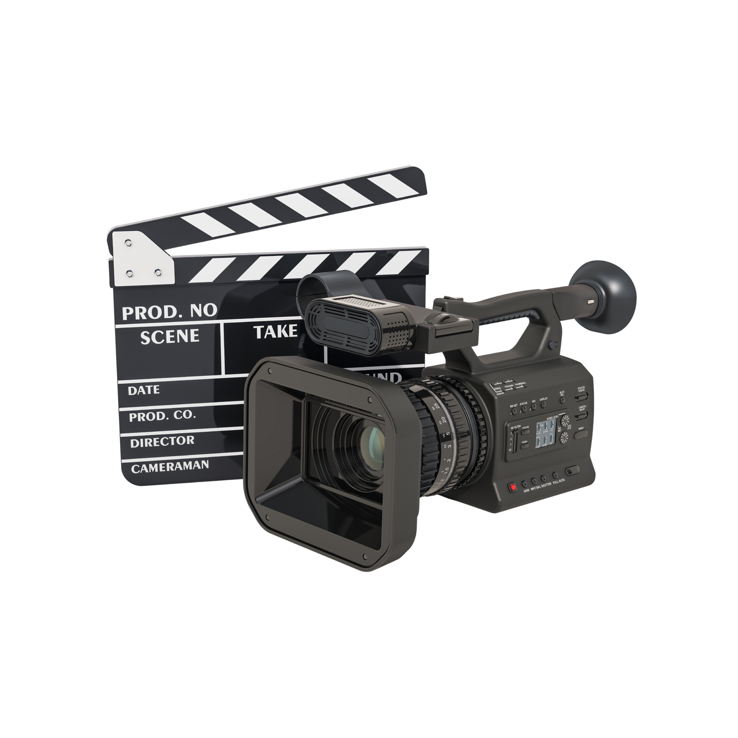 Professional video camera with a film clapperboard, essential tools for movie production and filmmaking.