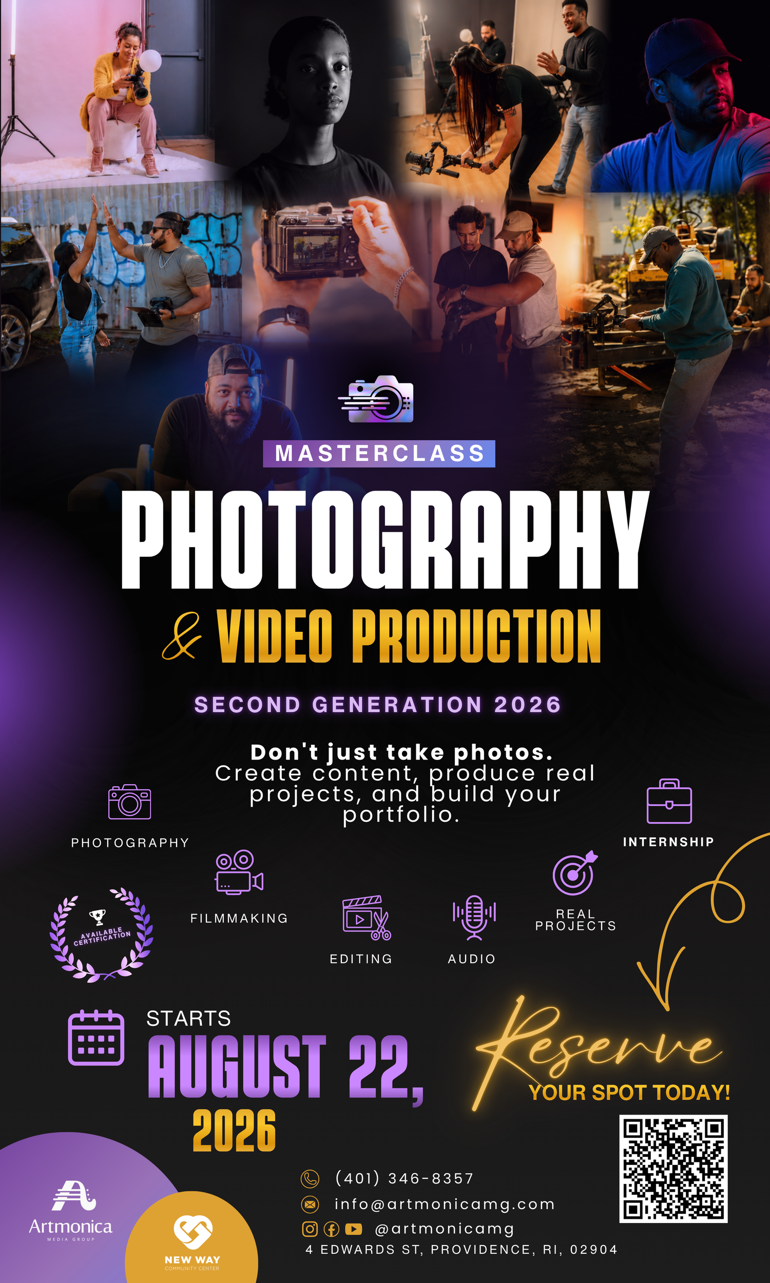 Masterclass Photography & Video Production flyer starting August 22, 2026, in Providence, RI, featuring filmmaking and editing courses.